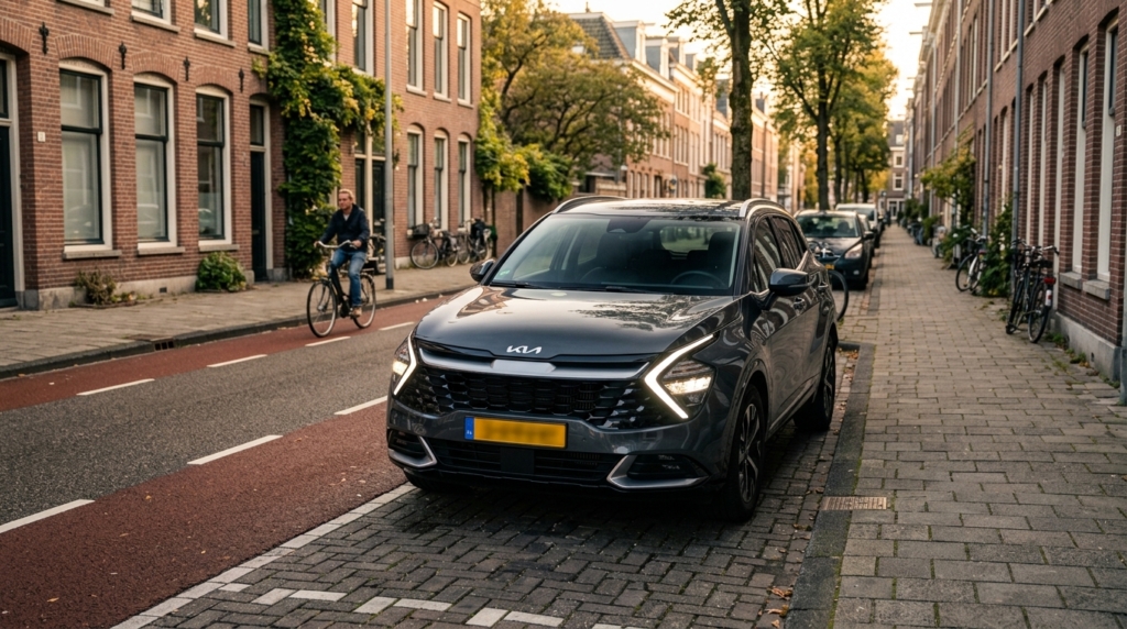 Donkergrijze Kia Sportage geparkeerd in een Amsterdamse straat met fietser