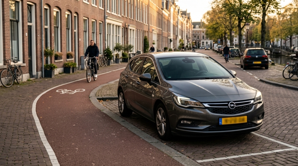 Grijze Opel Astra geparkeerd in een karakteristieke Nederlandse straat met fietspad